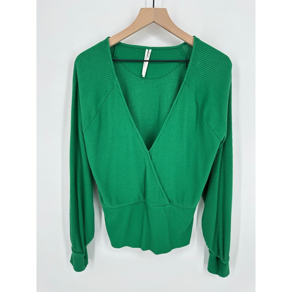 Anthropologie Top Womens Large Green Ribbed Surplice Balloon Work Office - Picture 2 of 9